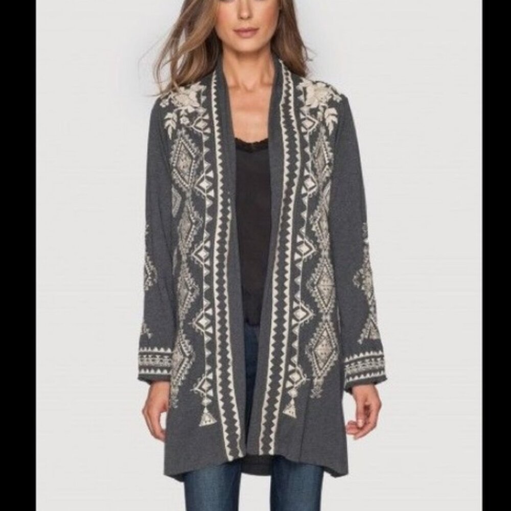 Johnny Was Tulla Cardigan Womens Large Gray Embroidered Floral Open Front Boho